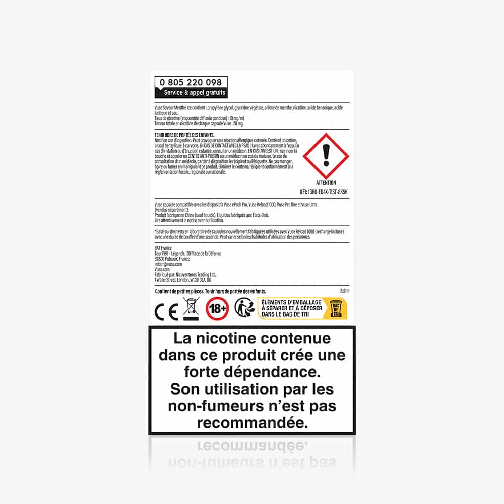 A French warning label on the Recharge Gamme Intense Saveur Menthe Ice nicotine box shows hazard symbols and text. The bold bottom box warns of addiction: even with menthe ice, non-smokers are advised not to use it.