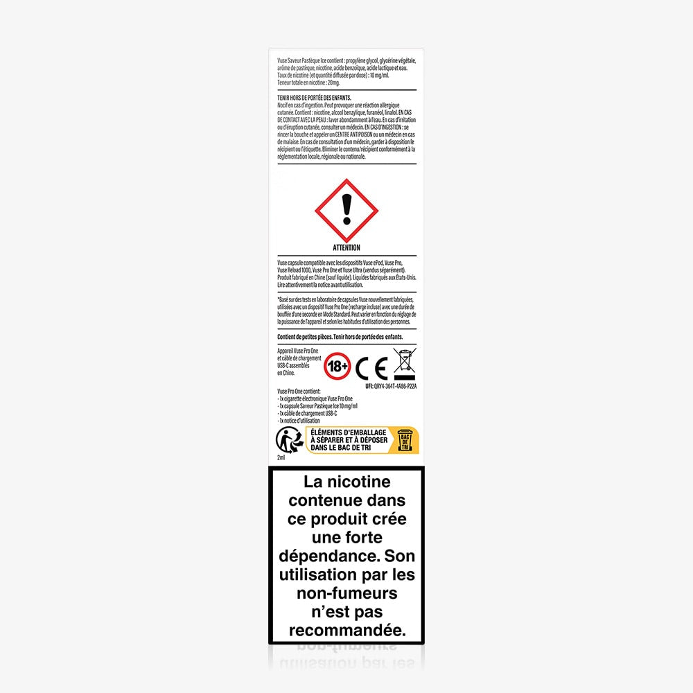 The image shows a Vuse Pro ONE Bar Pastèque Ice label featuring warning symbols, including a red diamond hazard, 18+ age restriction, and a large nicotine addiction warning in French advising non-smokers not to use this cigarette électronique prêt-à-vaper.