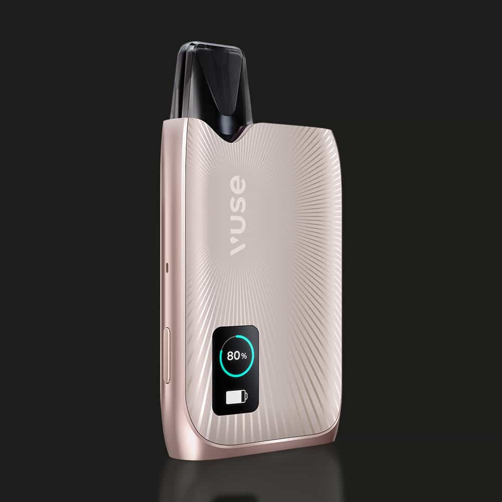 The Vuse Ultra Kit Simple features a sleek metallic design with a textured aluminium body, black mouthpiece, and a digital display showing 80% battery, displayed against a plain dark background.
