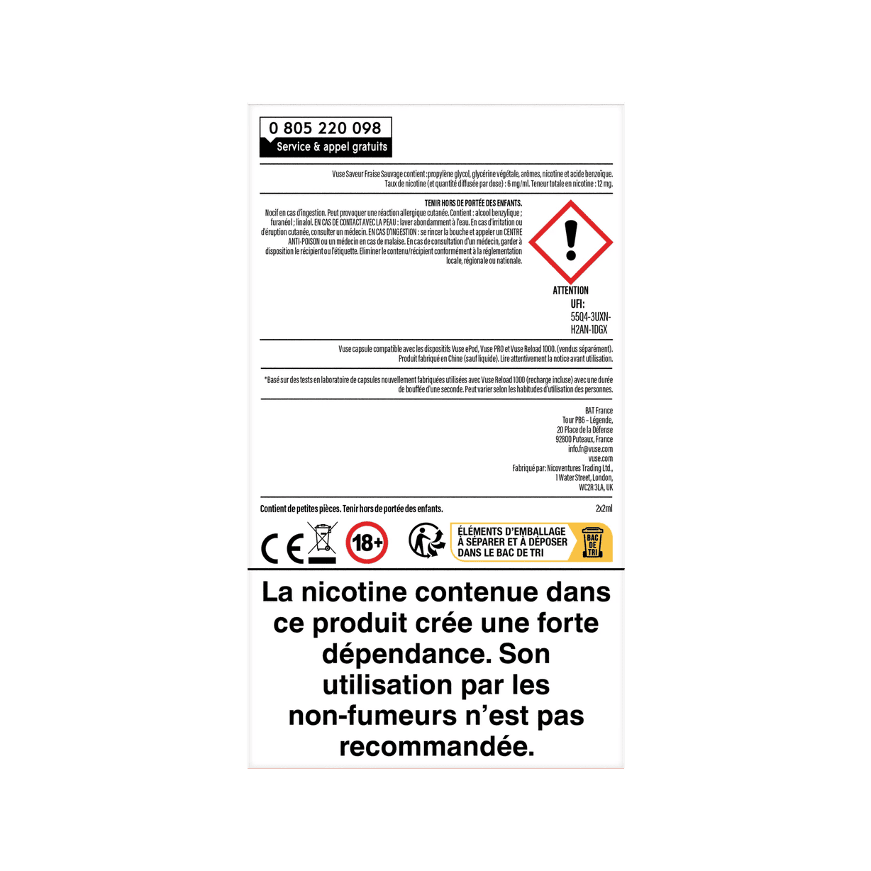 Recharge Gamme Intense Saveur Fraise Sauvage de VUSE : ⚠️ La nicotine contenue dans ce produit crée une forte dépendance. Son utilisation par les non-fumeurs n'est pas recommandée. Infos : [numéro de téléphone].
