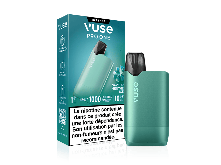 A Vuse Pro ONE Box Menthe Ice cigarette électronique stands before its matching box, labeled “Intense” and “Saveur Menthe Ice.” The box highlights 1000 puffs, a French nicotine warning, and prêt-à-vaper convenience.