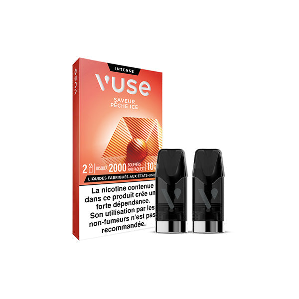 Une boîte de vape VUSE Recharge Gamme Intense Saveur Pêche Ice avec deux dosettes de remplacement noires à l'avant. L'emballage rouge-orange comporte un texte blanc et jaune, 2000 bouffées et un avertissement sur la nicotine en français.