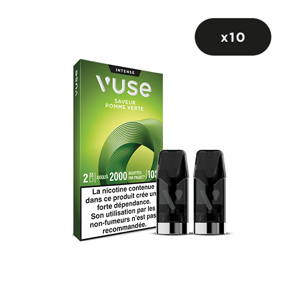 Un paquet de dosettes VUSE Recharge Gamme Intense Saveur Pomme Verte de couleur verte avec deux capsules noires à l'avant, une étiquette "x10" en haut à droite, et un texte d'avertissement sur la nicotine en français sur l'emballage.