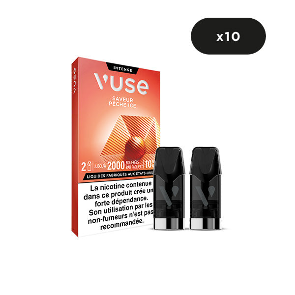 Le pack VUSE Recharge Gamme Intense Saveur Pêche Ice est présenté avec deux dosettes noires devant une boîte orange et blanche portant la mention "x10". Un avertissement sur la nicotine en français figure sur la boîte.