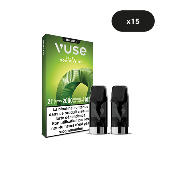 Un pack de vape VUSE Recharge Gamme Intense Saveur Pomme Verte vert avec deux dosettes noires à l'avant, une étiquette d'avertissement sur la nicotine et un cercle noir x15 en haut à droite. Savourez le goût rafraîchissant de Pomme Verte.