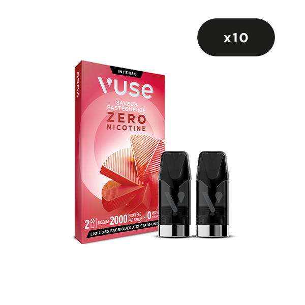 Recharge Gamme Intense Saveur Pastèque Ice VUSE - paquet de 2 capsules devant une boîte rouge indiquant la saveur, les détails du produit et une étiquette "10" en haut à droite.