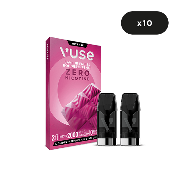 Le multipack Recharge Gamme Intense Saveur Fruits Rouges Intense de VUSE contient deux capsules noires et arbore en haut à droite le label "x10". Ce paquet zéro nicotine met en avant la saveur Fruits Rouges Intense.