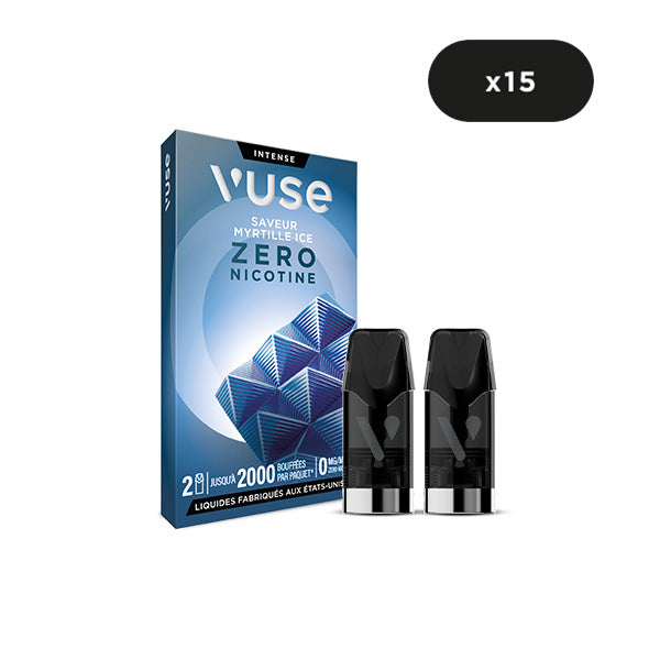 Le pack de 15 VUSE Recharge Gamme Intense Saveur Myrtille Ice se présente sous la forme d'une boîte avec deux vape pods noirs sur le devant, mettant en avant la saveur Myrtille Ice et affichant un cercle noir avec "x15" en blanc pour indiquer qu'il s'agit d'un pack de 15.