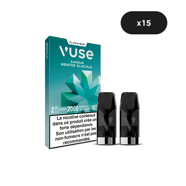 Un paquet VUSE Recharge Gamme Classique Saveur Menthe Glaciale contenant deux dosettes mentholées. L'emballage indique "2 pods", saveur menthe, contient un avertissement nicotinique en français et un cercle noir mentionnant pack de 15.