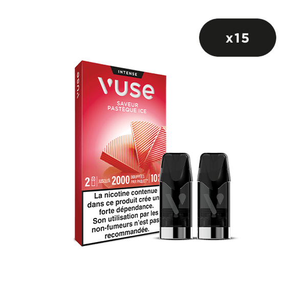Une boîte de VUSE Recharge Gamme Intense Saveur Pastèque Ice rouge présente x15, avec deux capsules noires sur le devant. La boîte comporte un texte et une étiquette d'avertissement sur la nicotine en français.