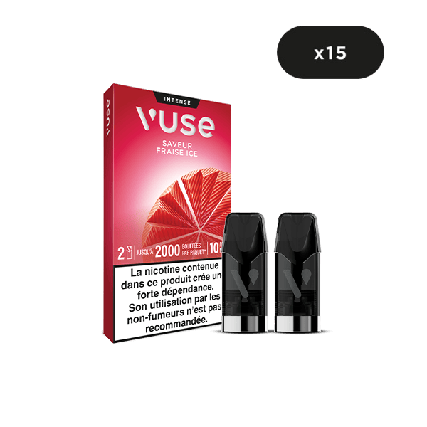 Recharge Gamme Intense Saveur Fraise Ice de VUSE : deux capsules devant la boîte, un cercle noir "x15" au-dessus indique qu'il s'agit d'un lot de 15 packs.