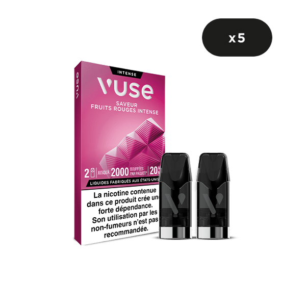 Un paquet de capsules de vape VUSE Recharge Gamme Intense Saveur Fruits Rouges Intense, comprenant deux dosettes et un avertissement de nicotine en français. Un cercle noir indique qu'il s'agit d'un paquet de cinq unités.