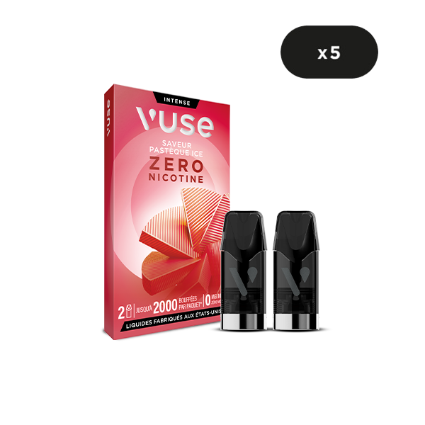 Un paquet rouge de VUSE Recharge Gamme Intense Saveur Pastèque Ice est représenté avec deux dosettes noires à l'avant. Une étiquette noire en haut à droite indique "x5".