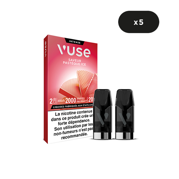 Une boîte de Recharge Gamme Intense Saveur Pastèque Ice de VUSE, aux teintes rose et rouge, avec deux pods affichés devant et un symbole x5 indiquant 5 capsules. Texte en français et avertissement nicotine bien visibles.