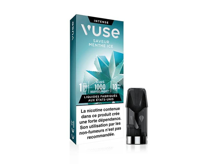 A package labeled "1 Pod Saveur Menthe Ice" is shown with a mint leaf graphic. Text notes 1000 puffs, 10 mg nicotine, and a French nicotine warning. The capsule Saveur Menthe appears beside the box.