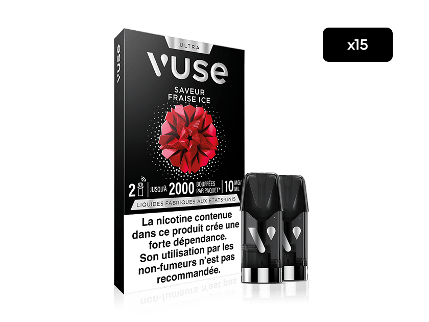 A black Vuse Ultra Saveur Fraise Ice box with a red flower graphic, two vape pods in front, a French nicotine warning at the bottom, and an “x15” label on the side.