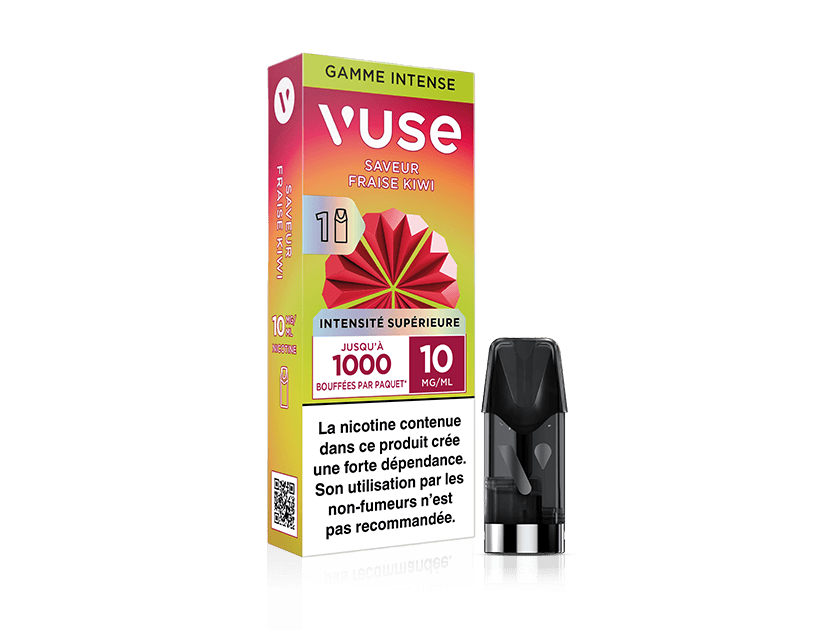 1 Pod Saveur Fraise Kiwi with red and green graphics. Highlights: 1000 puffs, 10mg/ml nicotine. Features a black vape pod beside the box. French warning label at the bottom.