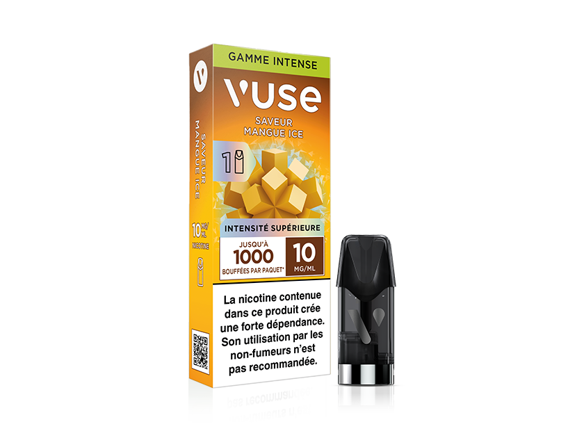 Un paquet de 1 Pod Saveur Mangue Ice est montré avec une capsule à côté. La boîte affiche des cubes de mangue, mentionne 1000 bouffées et un taux de nicotine de 10mg/ml. Texte en français.