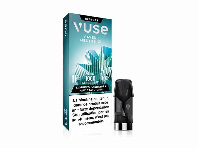 A 1 Pod Saveur Menthe Ice vape pod with packaging in a teal box displays a mint leaf, French text, "capsules saveur Menthe," 1000 puffs, and 10 mg nicotine. A French health warning is shown at the bottom.