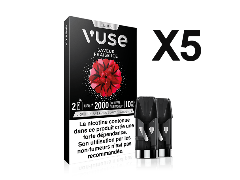A box of Vuse Ultra Saveur Fraise Ice vape pods is shown with two capsules connectée in front. The pack displays “X5” for five pods and a French nicotine warning is visible at the bottom.